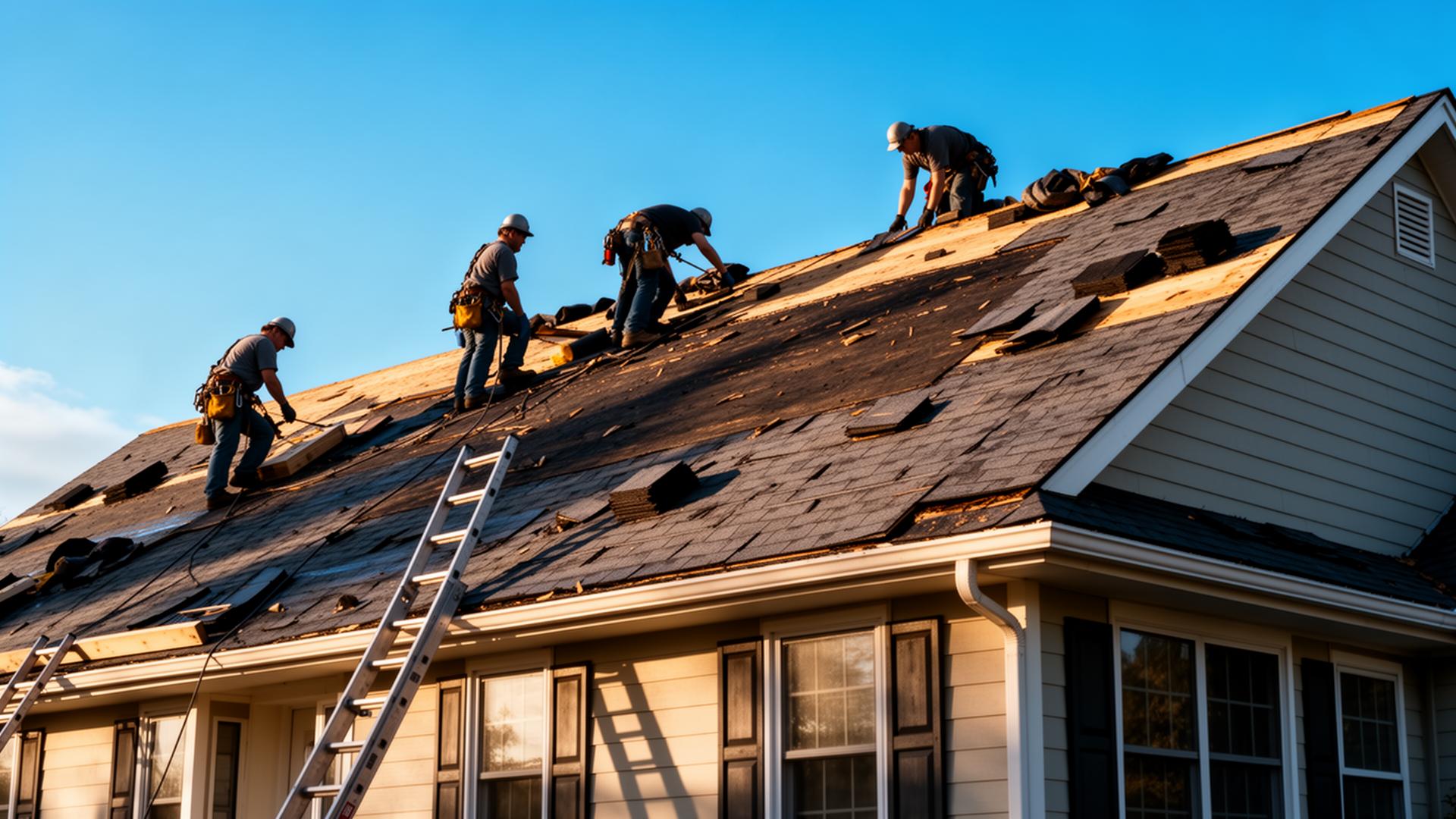 Roofing crew installing new shingles on a residential home